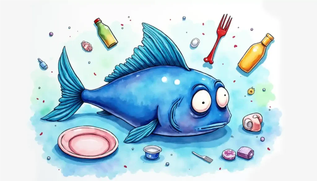 A cartoon image showing an unhappy fish in plastic waste. A reason to recycle!