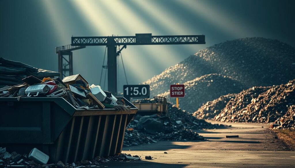 A detailed, industrial scene showcasing the key factors that influence landfill gate fees and waste disposal charges. In the foreground, a large dumpster overflows with discarded items, representing the volume and composition of waste. In the middle ground, a weighbridge and signage depict the metering and accounting processes that determine tipping fees. In the background, towering piles of compacted refuse illustrate the scale and operational costs of landfill management. Dramatic, moody lighting casts long shadows, evoking the seriousness and gravity of waste disposal. The scene conveys the complex, multifaceted nature of the factors that shape rubbish tipping charges. A detailed, industrial scene showcasing the key factors that influence landfill gate fees and waste disposal charges. In the foreground, a large dumpster overflows with discarded items, representing the volume and composition of waste. In the middle ground, a weighbridge and signage depict the metering and accounting processes that determine tipping fees. In the background, towering piles of compacted refuse illustrate the scale and operational costs of landfill management. Dramatic, moody lighting casts long shadows, evoking the seriousness and gravity of waste disposal. The scene conveys the complex, multifaceted nature of the factors that shape rubbish tipping charges.