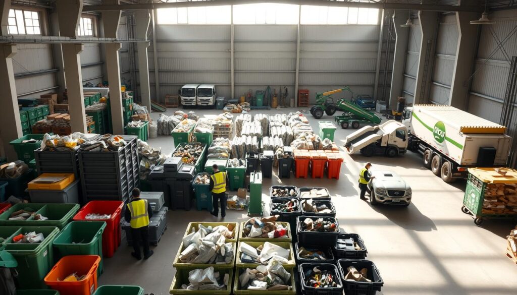 A neatly organized warehouse with orderly rows of recycling bins, sorting stations, and compactors. Diffused natural light from large windows illuminates the scene, casting soft shadows. In the foreground, workers in high-visibility vests carefully separate and process various waste streams. The middle ground features innovative waste-to-energy equipment, while the background showcases modern waste transport vehicles loading up. An atmosphere of efficiency, sustainability, and cost-consciousness pervades the image, reflecting proactive waste management strategies. A neatly organized warehouse with orderly rows of recycling bins, sorting stations, and compactors. Diffused natural light from large windows illuminates the scene, casting soft shadows. In the foreground, workers in high-visibility vests carefully separate and process various waste streams. The middle ground features innovative waste-to-energy equipment, while the background showcases modern waste transport vehicles loading up. An atmosphere of efficiency, sustainability, and cost-consciousness pervades the image, reflecting proactive waste management strategies.