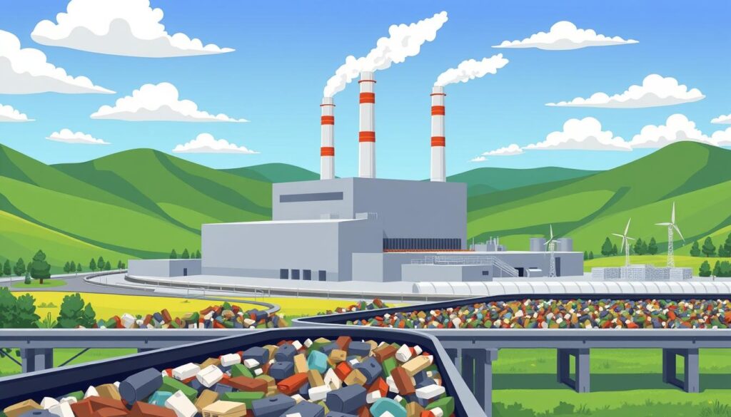 A large, modern waste-to-energy power plant set against a backdrop of rolling green hills and a partly cloudy sky. In the foreground, a conveyor belt carries a steady stream of municipal solid waste into the plant's state-of-the-art incineration chamber, where it is burned at high temperatures to produce steam that drives turbines and generates clean, renewable electricity. The middle ground showcases the plant's sleek, angular architecture with tall smokestacks emitting minimal emissions. The scene conveys a sense of efficient, environmentally-responsible energy production, with the natural landscape underscoring the plant's integration with the local environment. A large, modern waste-to-energy power plant set against a backdrop of rolling green hills and a partly cloudy sky. In the foreground, a conveyor belt carries a steady stream of municipal solid waste into the plant's state-of-the-art incineration chamber, where it is burned at high temperatures to produce steam that drives turbines and generates clean, renewable electricity. The middle ground showcases the plant's sleek, angular architecture with tall smokestacks emitting minimal emissions. The scene conveys a sense of efficient, environmentally-responsible energy production, with the natural landscape underscoring the plant's integration with the local environment.