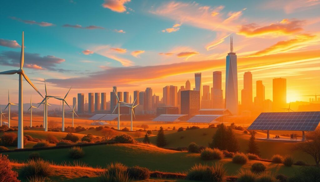 A panoramic view of a bustling renewable energy hub, showcasing global firms with a strong UK presence. In the foreground, futuristic wind turbines and solar panels dot the landscape, their sleek designs casting long shadows across the ground. In the middle ground, modern office buildings and research facilities stand tall, their facades adorned with corporate logos. The background is dominated by the iconic skyline of a major British city, with skyscrapers and landmarks silhouetted against a vibrant, sunset-hued sky. The scene is illuminated by warm, golden lighting, creating a sense of progress and innovation. The overall atmosphere conveys a dynamic, forward-thinking industry shaping the future of sustainable energy in the UK. A panoramic view of a bustling renewable energy hub, showcasing global firms with a strong UK presence. In the foreground, futuristic wind turbines and solar panels dot the landscape, their sleek designs casting long shadows across the ground. In the middle ground, modern office buildings and research facilities stand tall, their facades adorned with corporate logos. The background is dominated by the iconic skyline of a major British city, with skyscrapers and landmarks silhouetted against a vibrant, sunset-hued sky. The scene is illuminated by warm, golden lighting, creating a sense of progress and innovation. The overall atmosphere conveys a dynamic, forward-thinking industry shaping the future of sustainable energy in the UK.