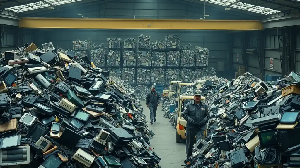 sobering mountains of discarded electronic devices in a UK recycling plant, e-waste recycling companies UK sobering mountains of discarded electronic devices in a UK recycling plant, e-waste recycling companies UK.