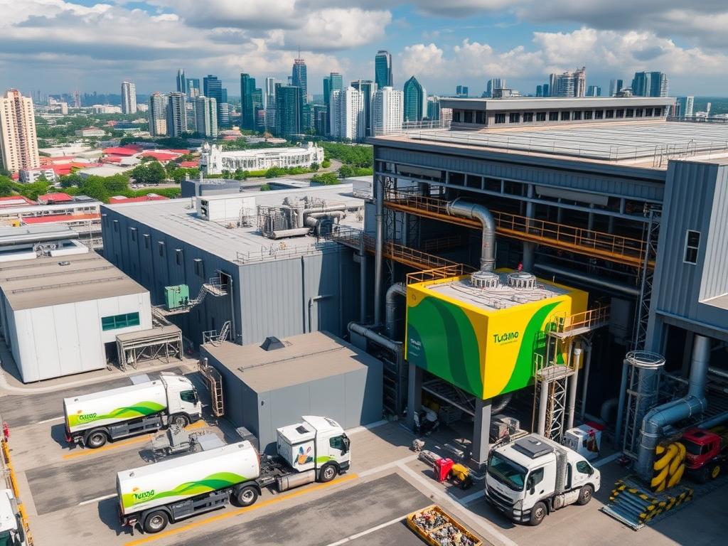 Singapore's TuasOne waste-to-energy plant processing municipal waste AI visualisation of Singapore's TuasOne waste-to-energy plant processing municipal waste
