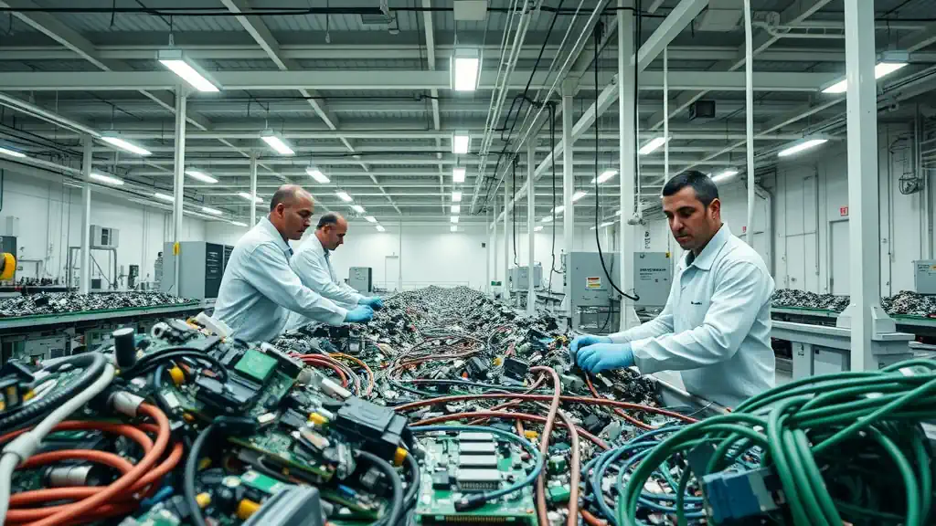 dynamic modern recycling facility, technicians and conveyor belts sorting e-waste, electronic equipment recycling UK dynamic modern recycling facility, technicians and conveyor belts sorting e-waste, electronic equipment recycling UK.