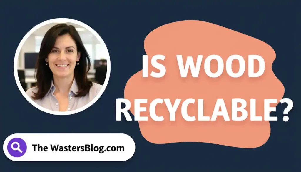 Image shows a woman posing this question with the text "Is Wood Recyclable". Image shows a woman posing this question with the text "Is Wood Recyclable".