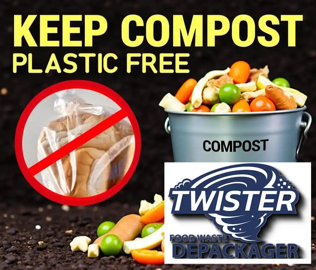 Keep compost plastic free while recycling food waste by using the Twister Depackager and Separator. Keep compost plastic free while recycling food waste by using the Twister Depackager and Separator.