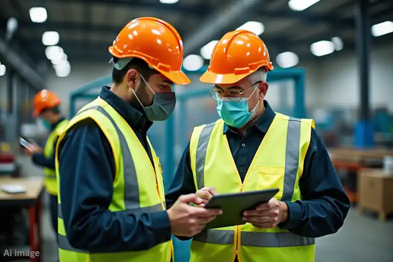 During the covid period, a hazardous Waste Disposal Technician checks records during a factory workspace hazard audit. A hazardous Waste Disposal Technician checks records during a factory workspace hazard audit.