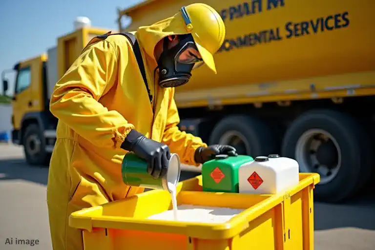 A hazardous Waste Disposal Technician neutralises chemicals at a chemical disposal facility
