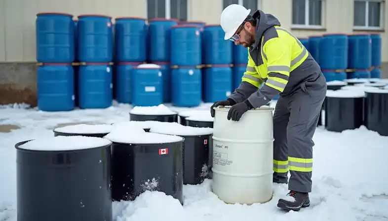 A hazardous Waste Disposal Technician inspects drums at a chemical disposal facility. A hazardous Waste Disposal Technician inspects drums at a chemical disposal facility.