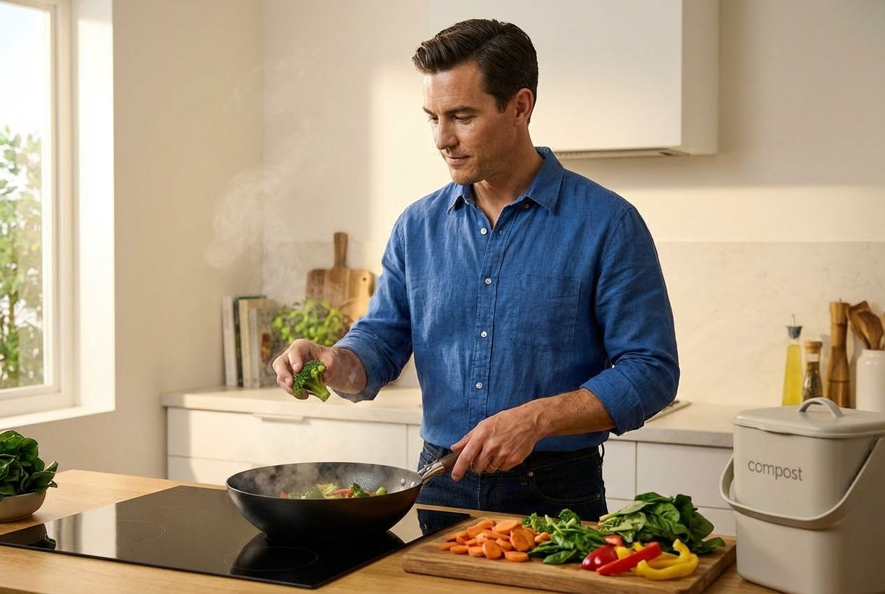 A person cooking a stir-fry meal with fresh vegetables in a modern kitchen.