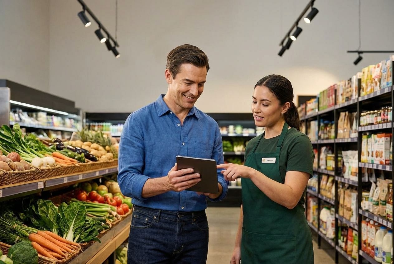 A professional discussing inventory management with a staff member in a food hub.
