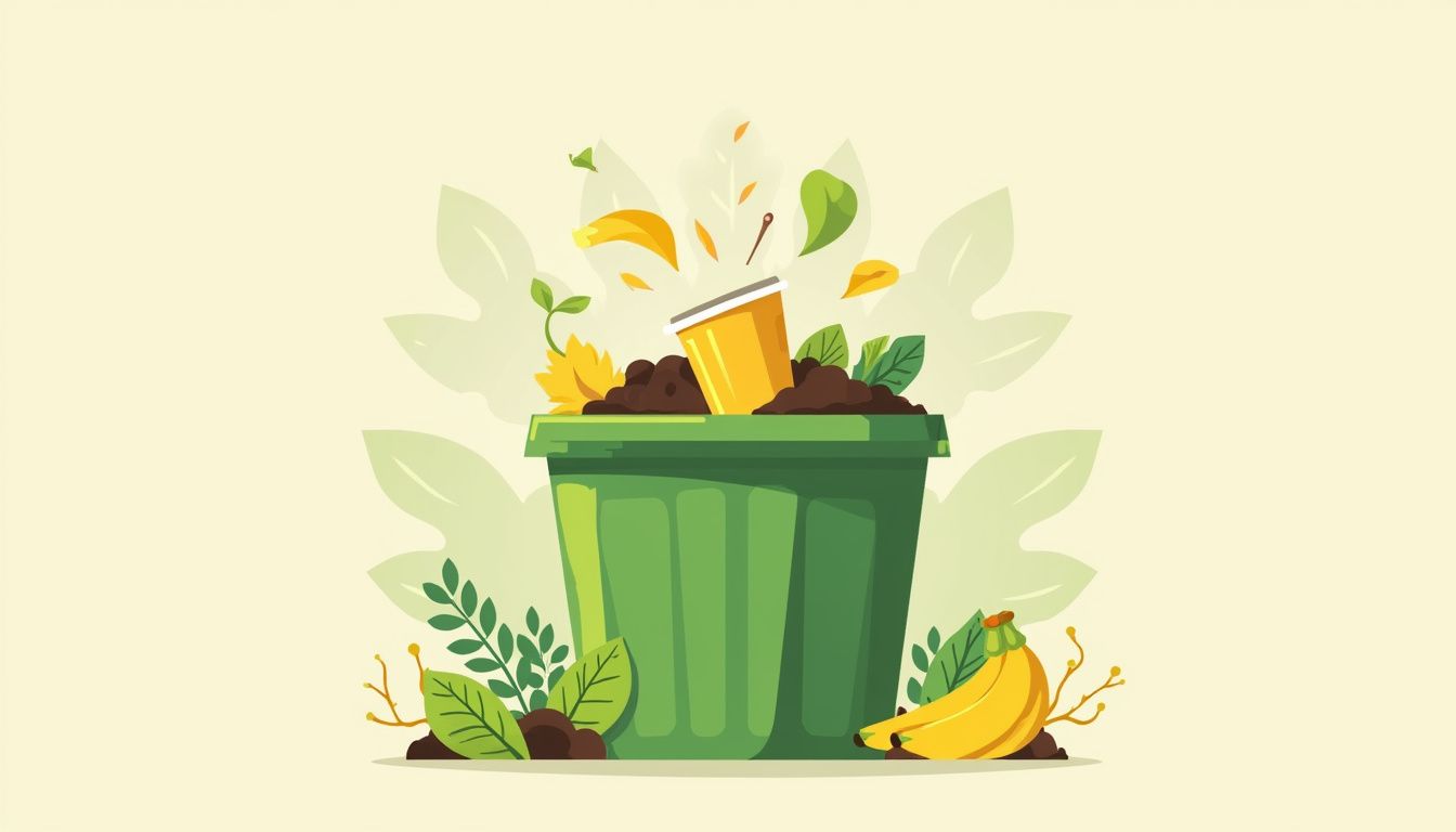 A minimalist vector illustration of a green compost bin filled with food scraps, leaves, and a compostable cup.