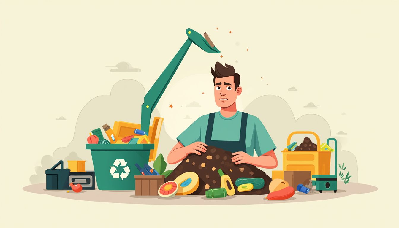 A middle-aged man sorts organic waste and packaging in a minimalist style, depicting mild frustration in a clean environment. A middle-aged man sorts organic waste and packaging in a minimalist style, depicting mild frustration in a clean environment.