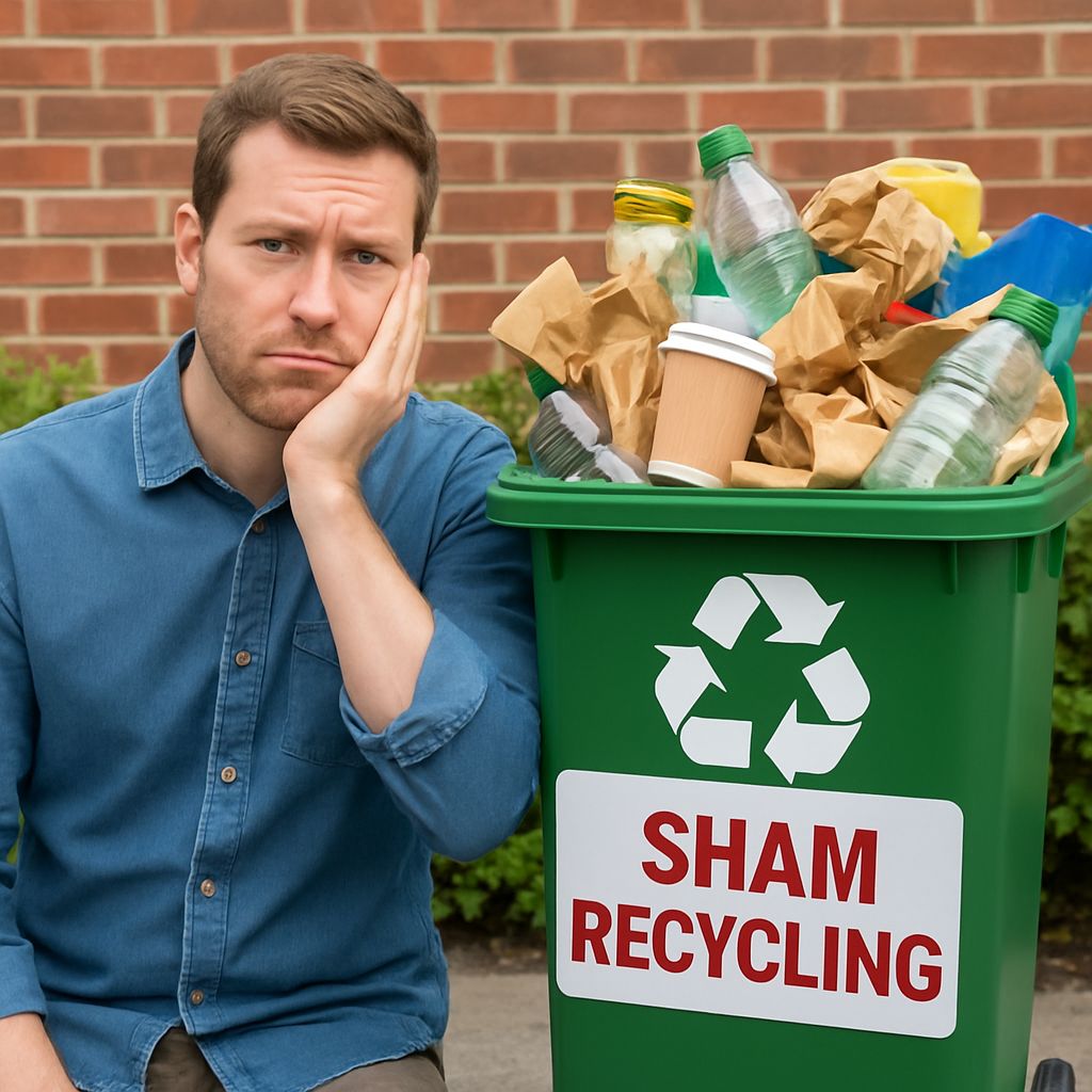 An unhappy guy leans against a wheelie bin that has the text sham recycling on the side.