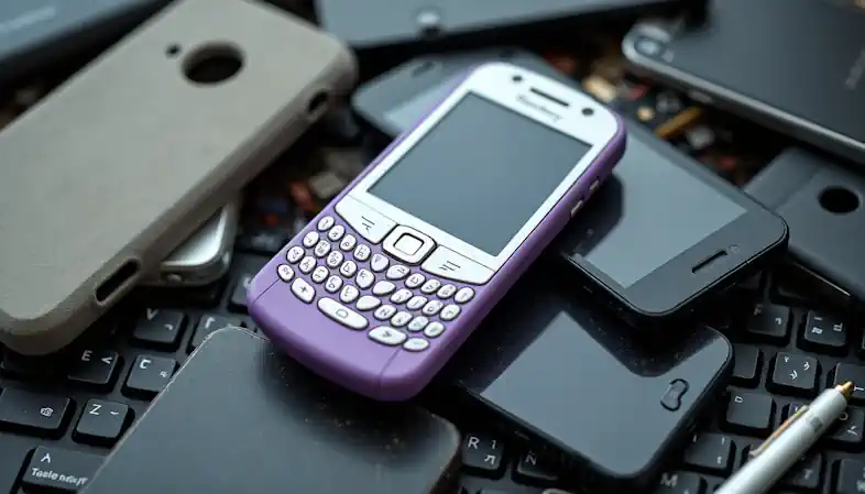 Image shows a pile of old tech recycling including mobile phones