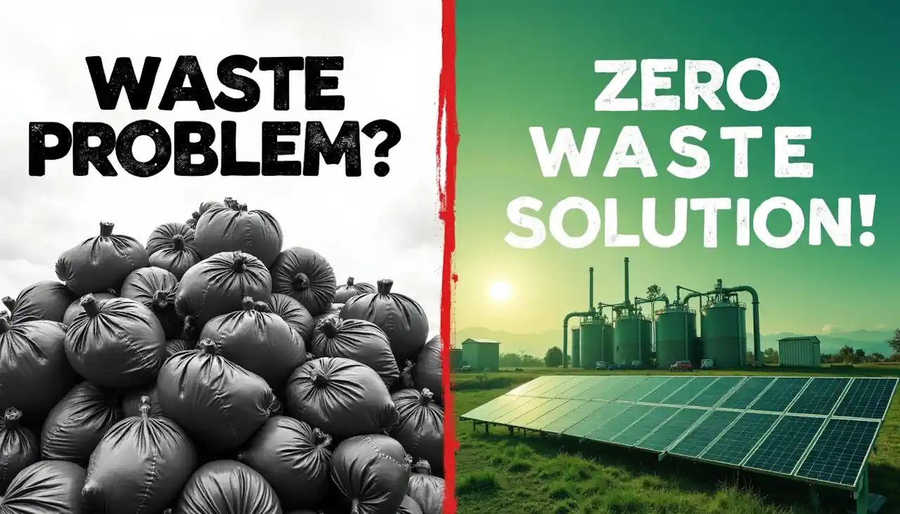 Poster showing rubbish sacks versus a biogas plant with the text Zero Waste solution - promotes sustainability.