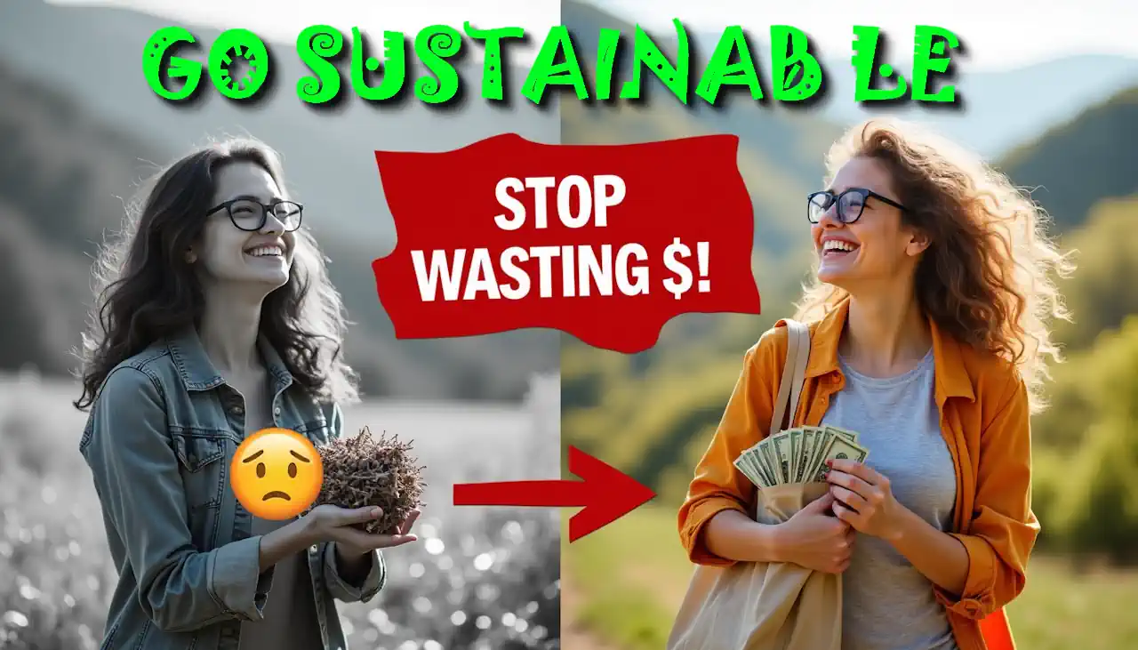 Poster showing two girls one holds cash in her hand and is acting sustainably - promotes eco sustainability.