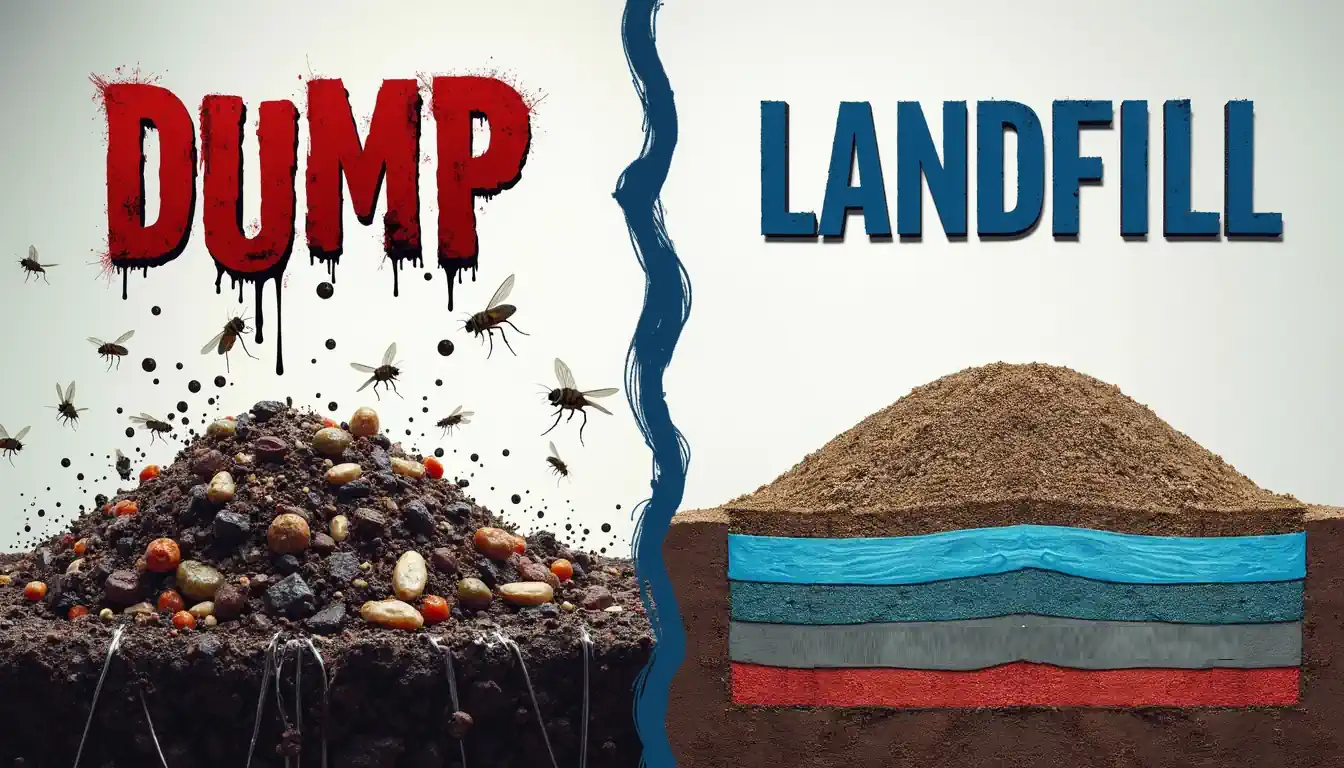 Split screen image shows a Dump Versus a Landfill. Split screen image shows a Dump Versus a Landfill.