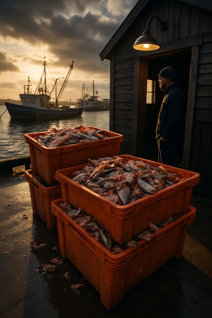 Picturesque view of fish waste management about to be applied to fish waste piled up in crates in a harbour at dawn.