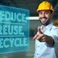 Reduce Reuse Recycle is the text on his image next to a smiling guy pointing at the camera.