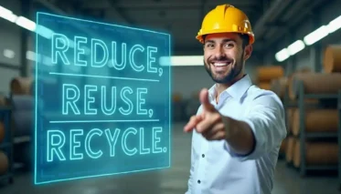 Reduce Reuse Recycle is the text on his image next to a smiling guy pointing at the camera.
