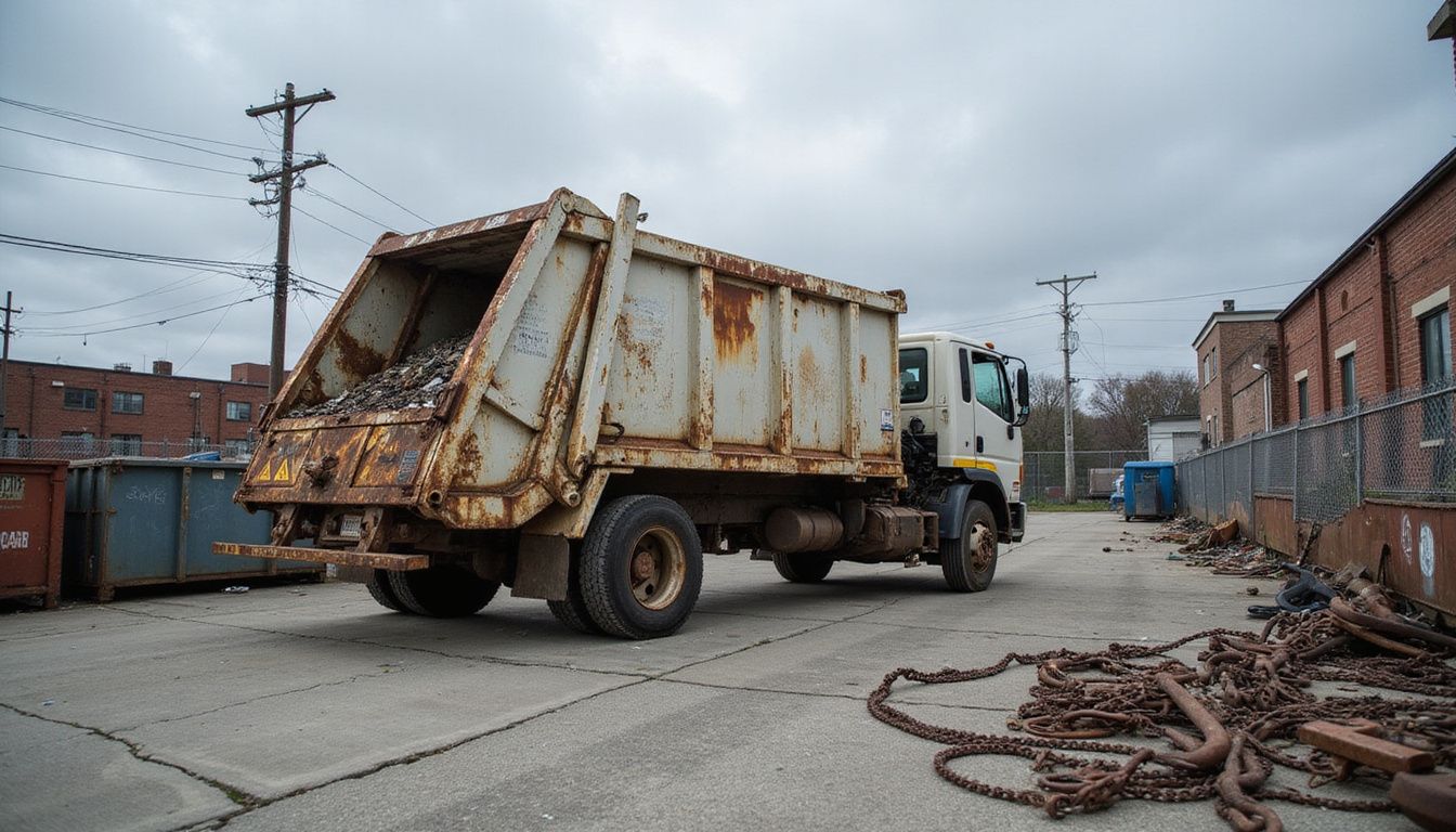 A weathered waste management truck sits in a cluttered industrial salvage yard filled with recyclables and rusted equipment. A weathered waste management truck sits in a cluttered industrial salvage yard filled with recyclables and rusted equipment.