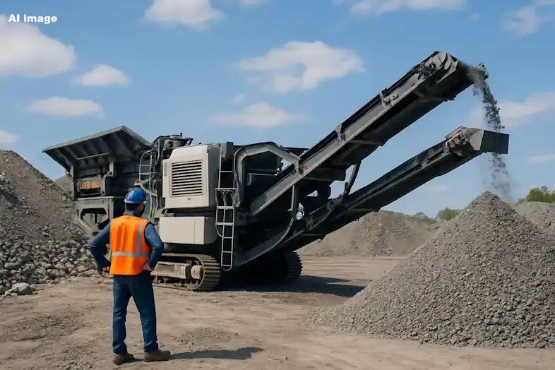 A Mobile crushing plant set up in a quarry to crush and to screen into two rock sizes.