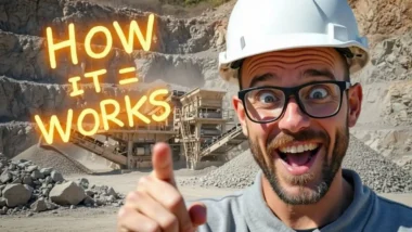 Mobile crushing plant in a quarry with text - How it Works.