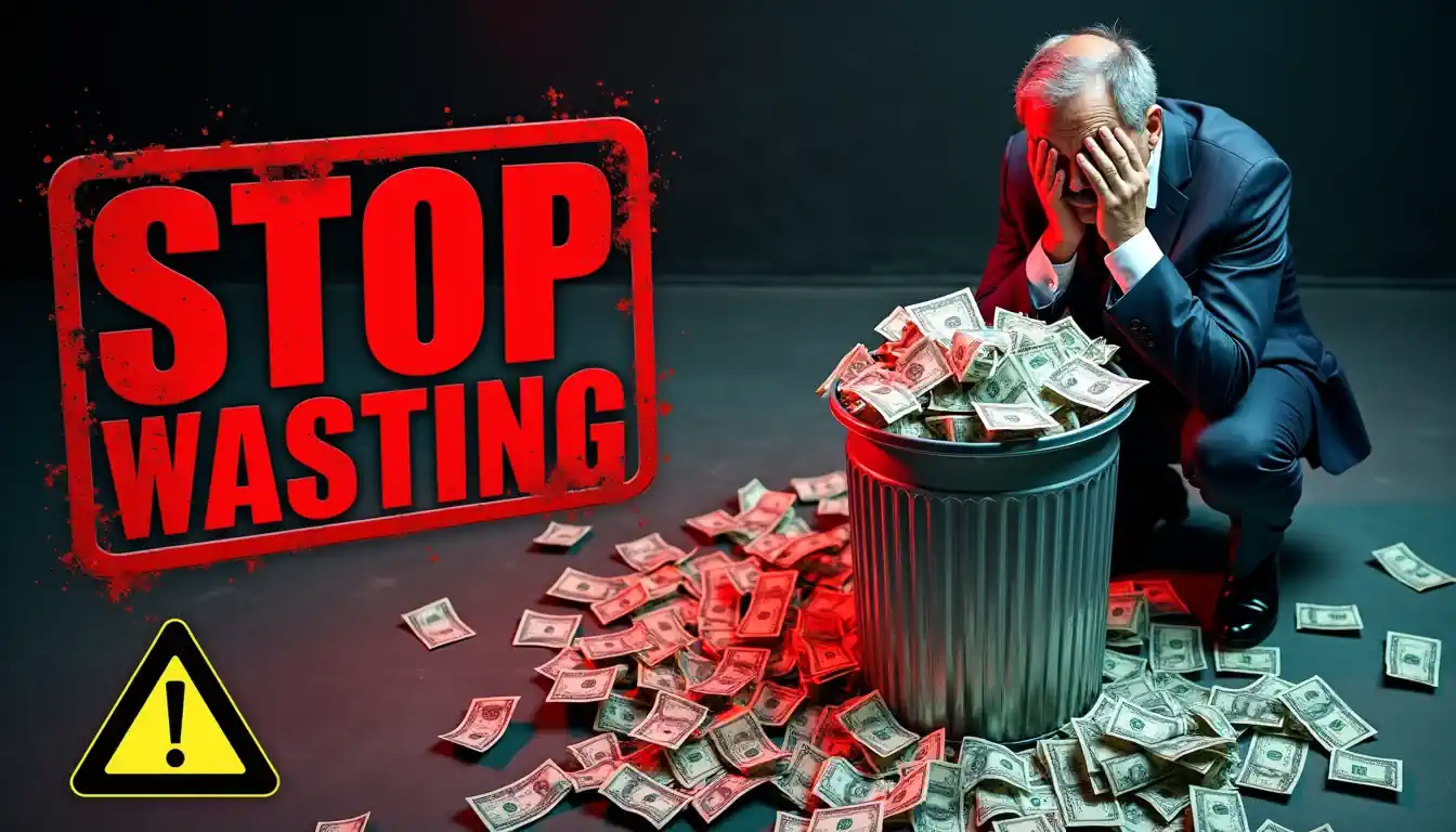 Stop Wasting poster shows a man with a bin load of wasted money.