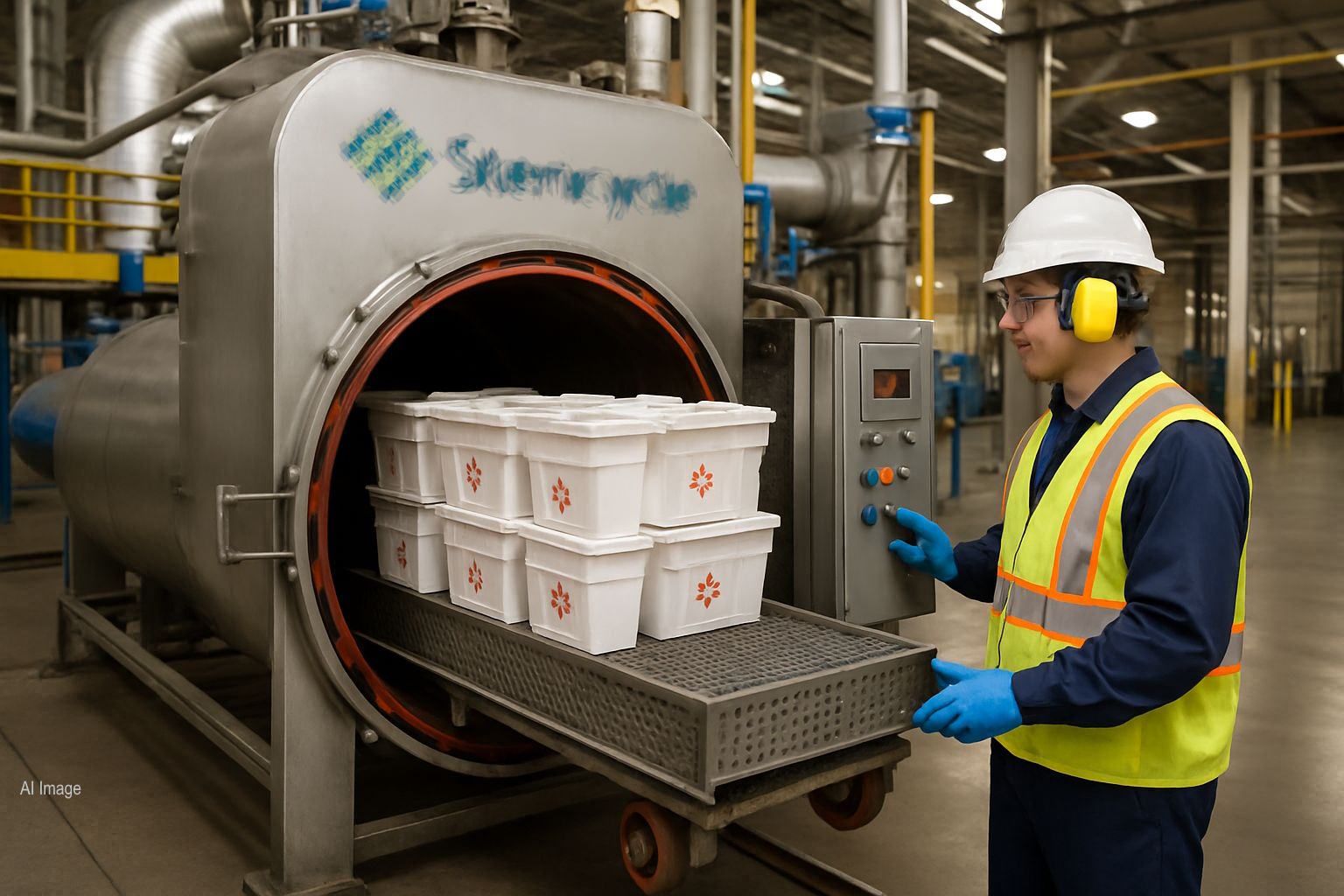 Medical waste is fed into a batch steriliser unit.