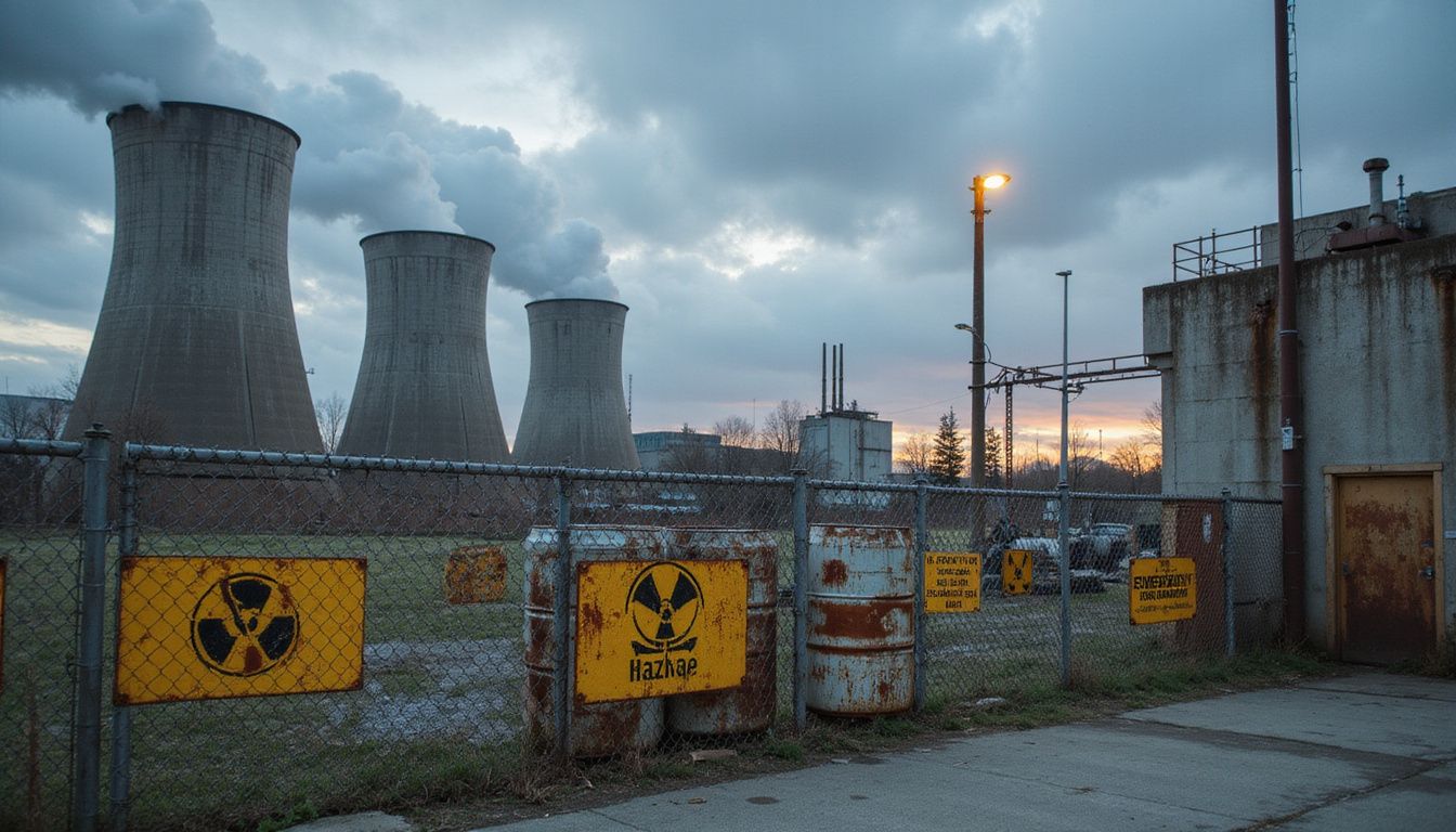 A sprawling nuclear facility exhibits aging infrastructure and industrial wear. A sprawling nuclear facility exhibits aging infrastructure and industrial wear.