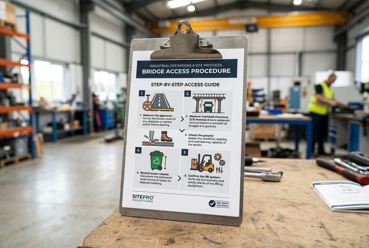 A printed clipboard guide outlining the 5-step site check process for dumpster placement. A printed clipboard guide outlining the 5-step site check process for dumpster placement.