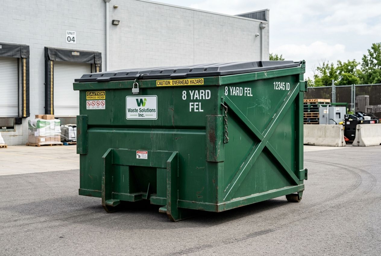 A green 8-yard front-load FEL commercial dumpster in a clean service yard. A green 8-yard front-load FEL commercial dumpster in a clean service yard.