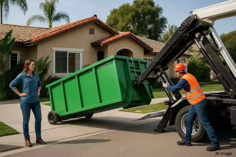 A driver delivers a roll-on-off Dumpster to a house. A driver delivers a roll-on-off Dumpster to a house.