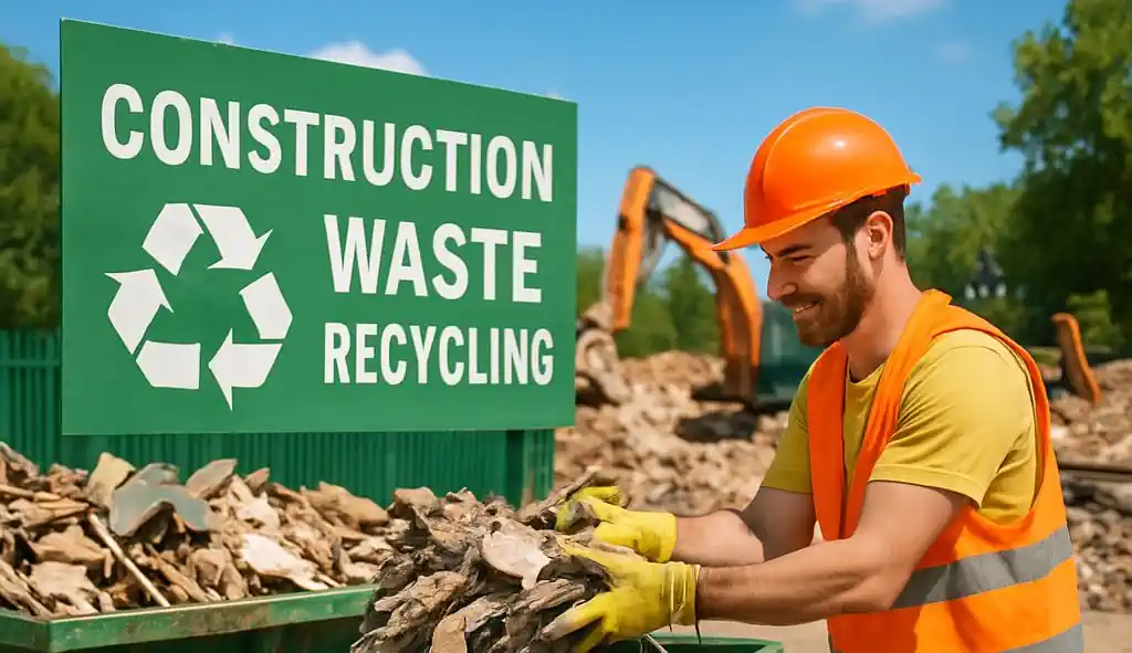 A labourer throwing segregated demolition waste into a skip for construction waste recycling.