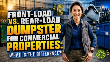 Featured image with text: Front-Load vs Rear-Load Dumpster for Commercial Properties What Is the Difference.