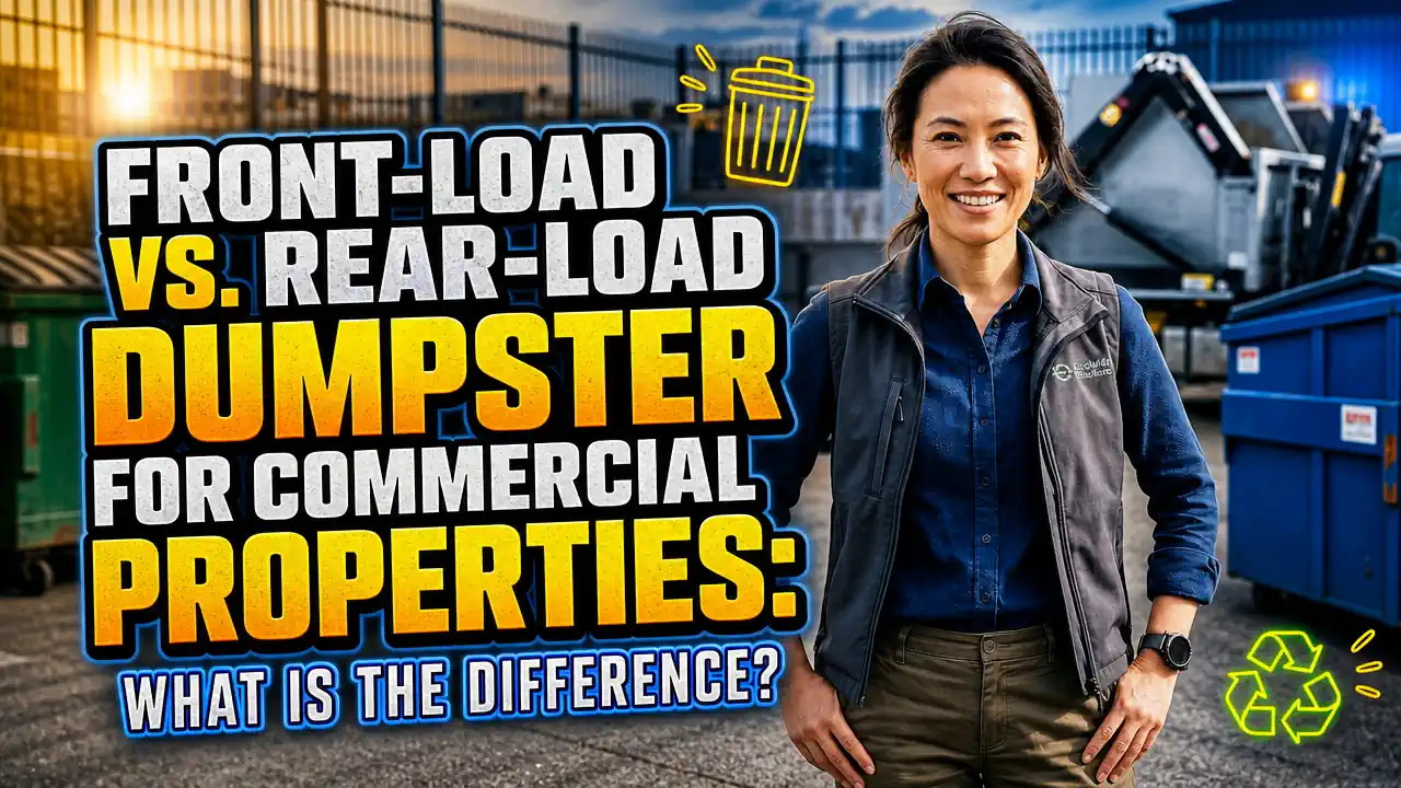 Featured image with text: Front-Load vs Rear-Load Dumpster for Commercial Properties What Is the Difference. Featured image with text: Front-Load vs Rear-Load Dumpster for Commercial Properties What Is the Difference.