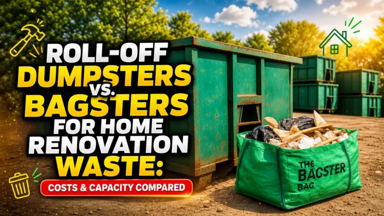 Roll-off dumpsters vs Bagsters for home renovation waste-featured image with text.