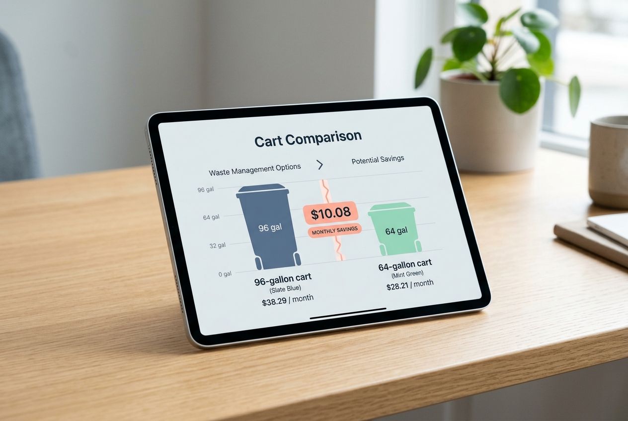 A tablet screen displaying the cost savings of downsizing a rubbish cart.