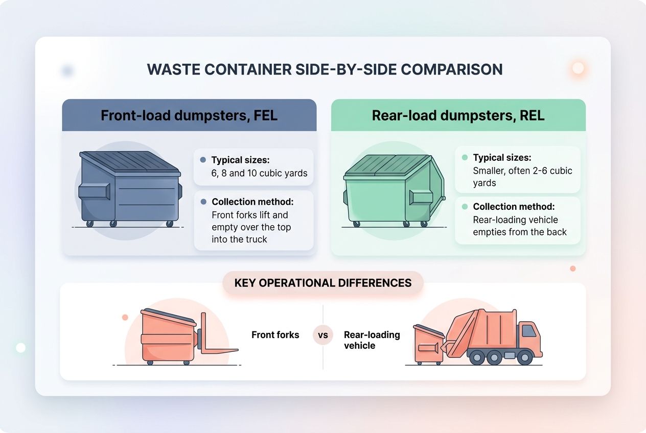 A comparison chart highlighting the differences between front-load FEL and rear-load REL dumpsters. A comparison chart highlighting the differences between front-load FEL and rear-load REL dumpsters.