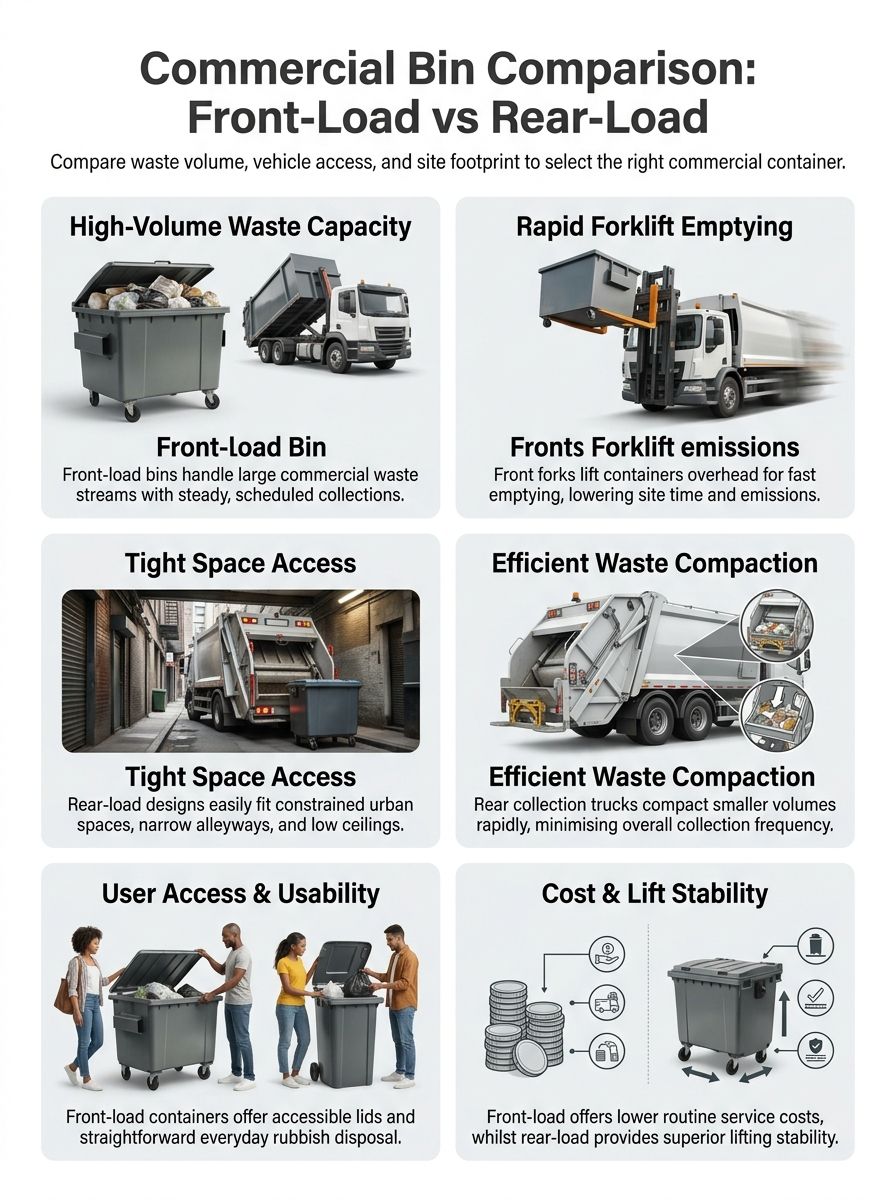 Front-Load vs. Rear-Load Dumpster for Commercial Properties: What Is the Difference? Front-Load vs. Rear-Load Dumpster for Commercial Properties: What Is the Difference?