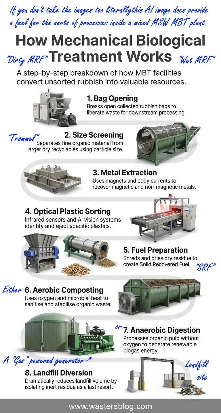 Infographic about: How MBT Plants Work - A Step by Step Guide to Mechanical Biological Treatment.