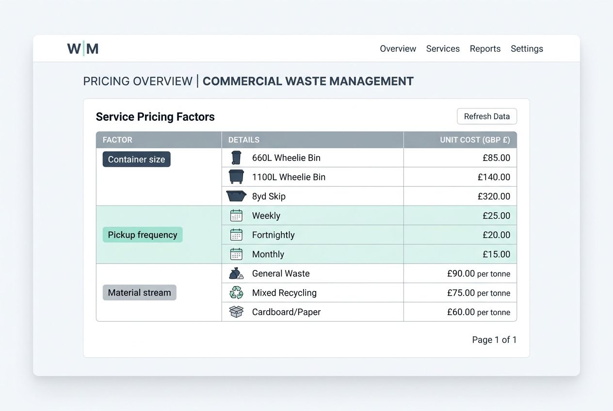 A clean dashboard table outlining commercial waste management pricing factors.