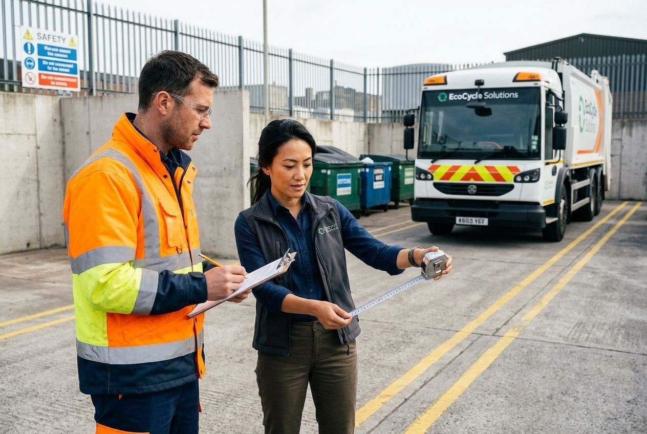 A professional and a waste collection vehicle driver measuring access routes in a service yard. A professional and a waste collection vehicle driver measuring access routes in a service yard.