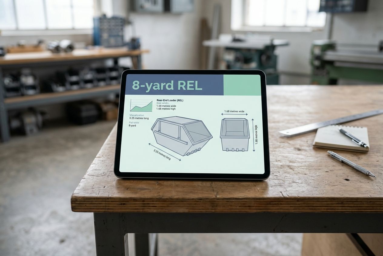 A tablet screen displaying rear-load container dimensions and blueprint. A tablet screen displaying rear-load container dimensions and blueprint.