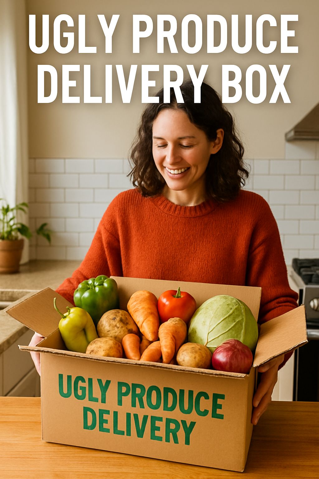Image shows a woman with an ugly food delivery box.