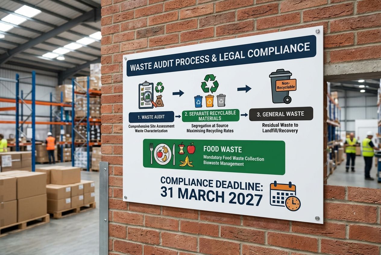 An informational board outlining the waste audit process and the 2027 compliance deadline. An informational board outlining the waste audit process and the 2027 compliance deadline.