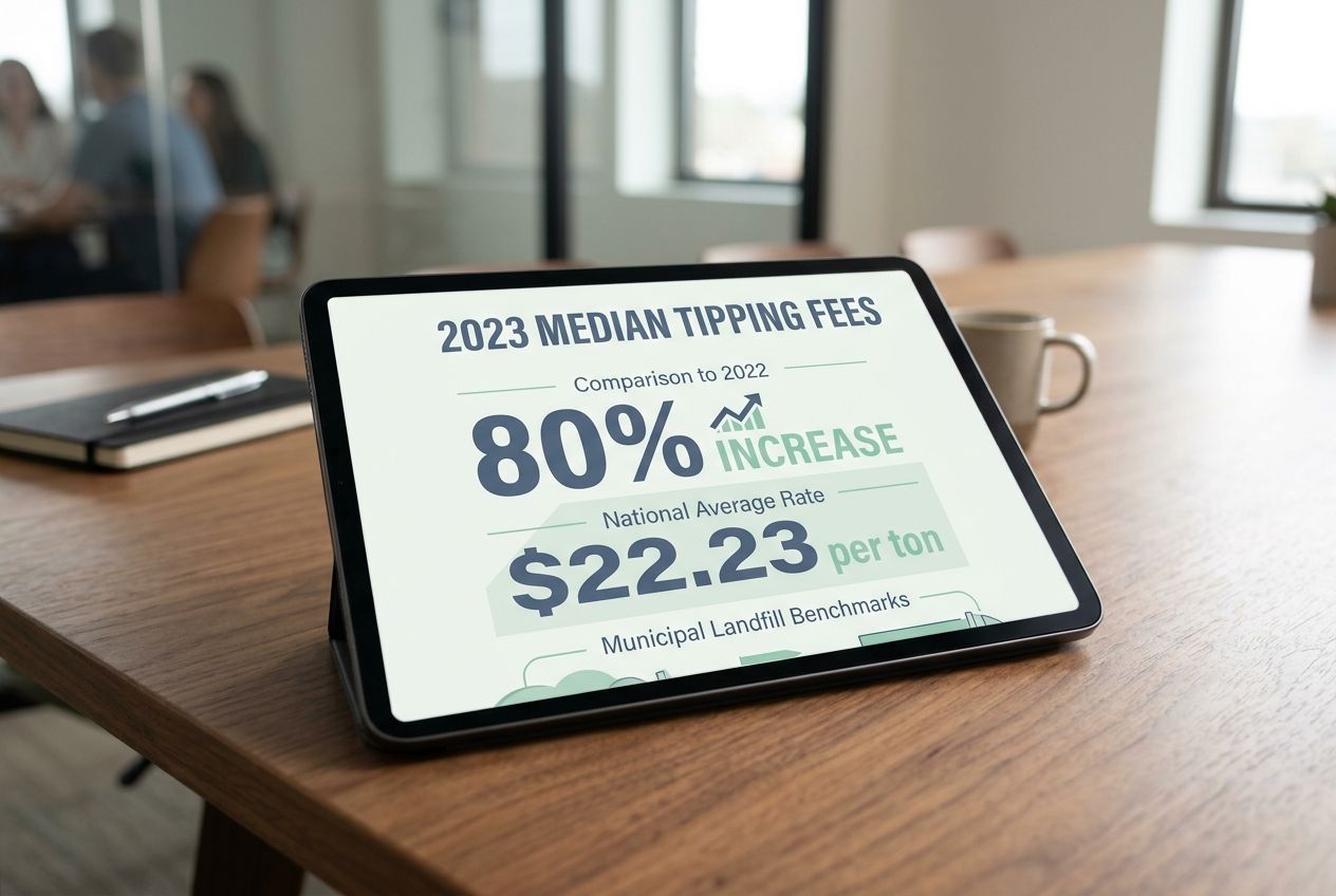 A digital tablet displaying tipping fee statistics for food-waste digesters.
