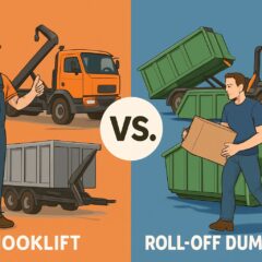 Featured image with text: Roll-Off vs. Hook-Lift Container for Construction Site Debris Removal.