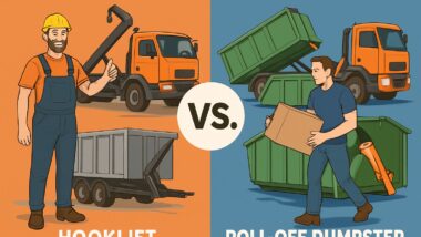 Featured image with text: Roll-Off vs. Hook-Lift Container for Construction Site Debris Removal.